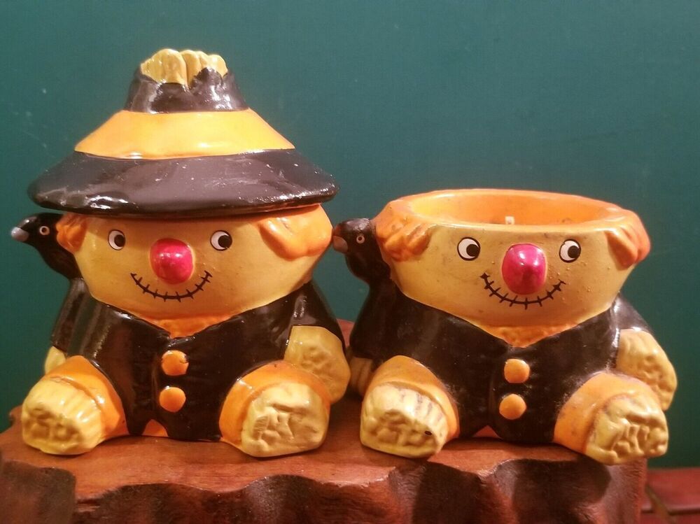 Vintage Pair Of Scarecrow & Crow Ceramic Halloween Candles 3.75"x3"x3"